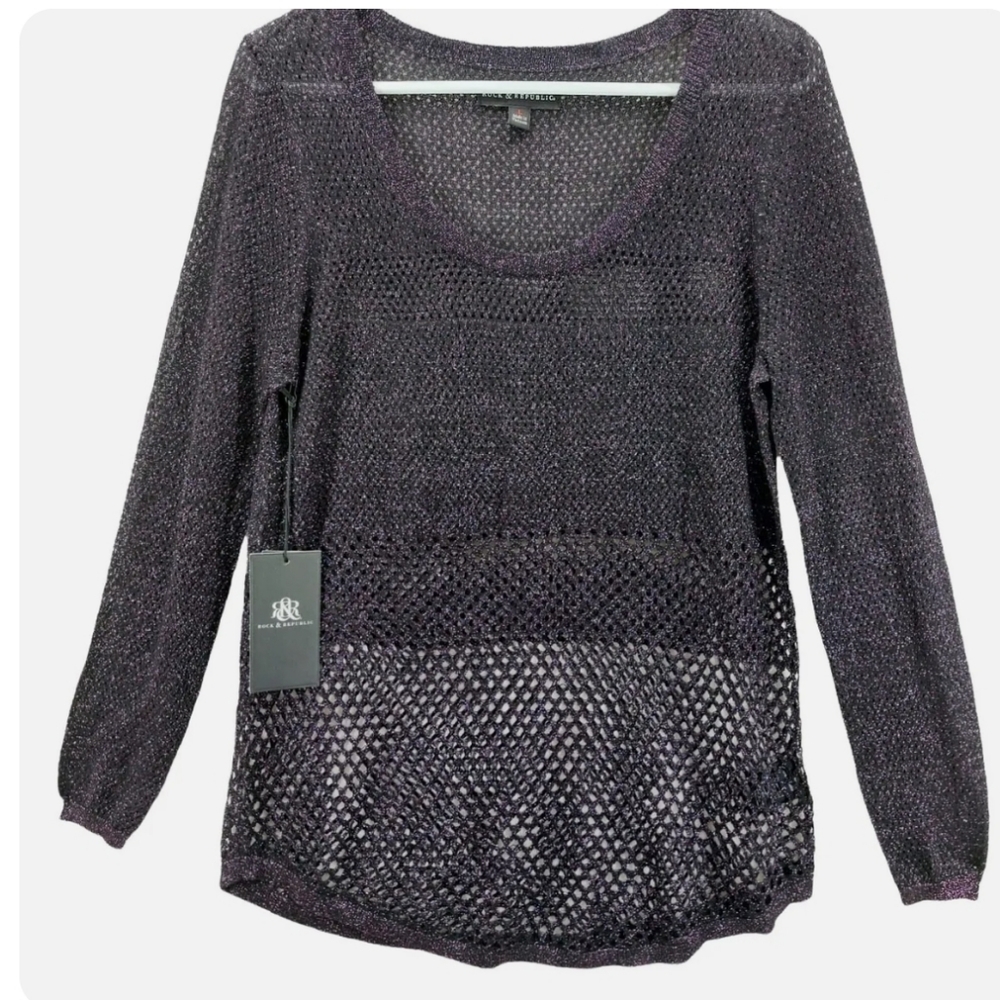 Rock And Republic Womens Purple Metallic Long Sleeve Round Neck Pullover Sweater